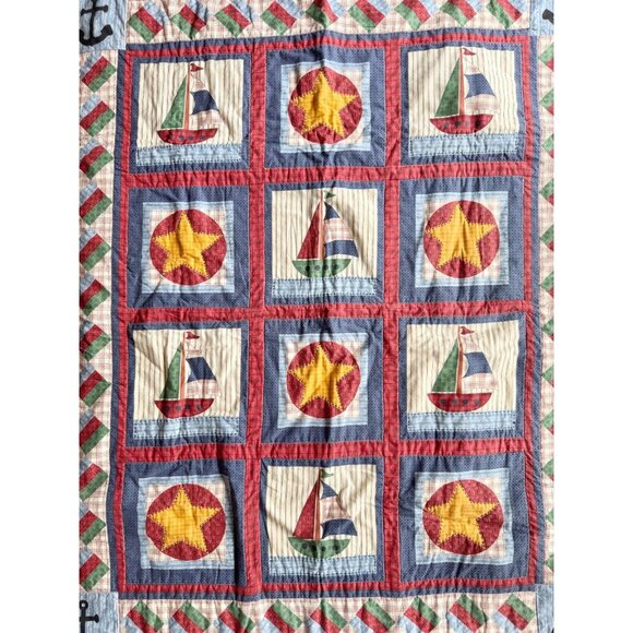 Vintage Handmade LESLIE BECK Nautical Sailboats And Stars Cotton Quilt - Picture 1 of 8